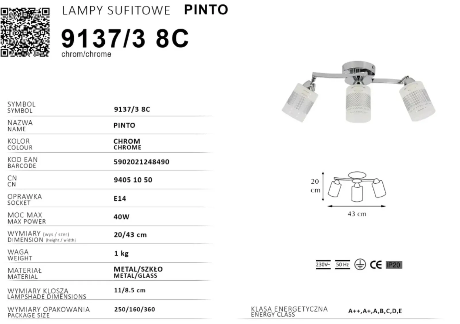 Sklep Kaja Chromowana listwa sufitowa z 3 spotami 9137/3 8C PINTO | Kaja Hot