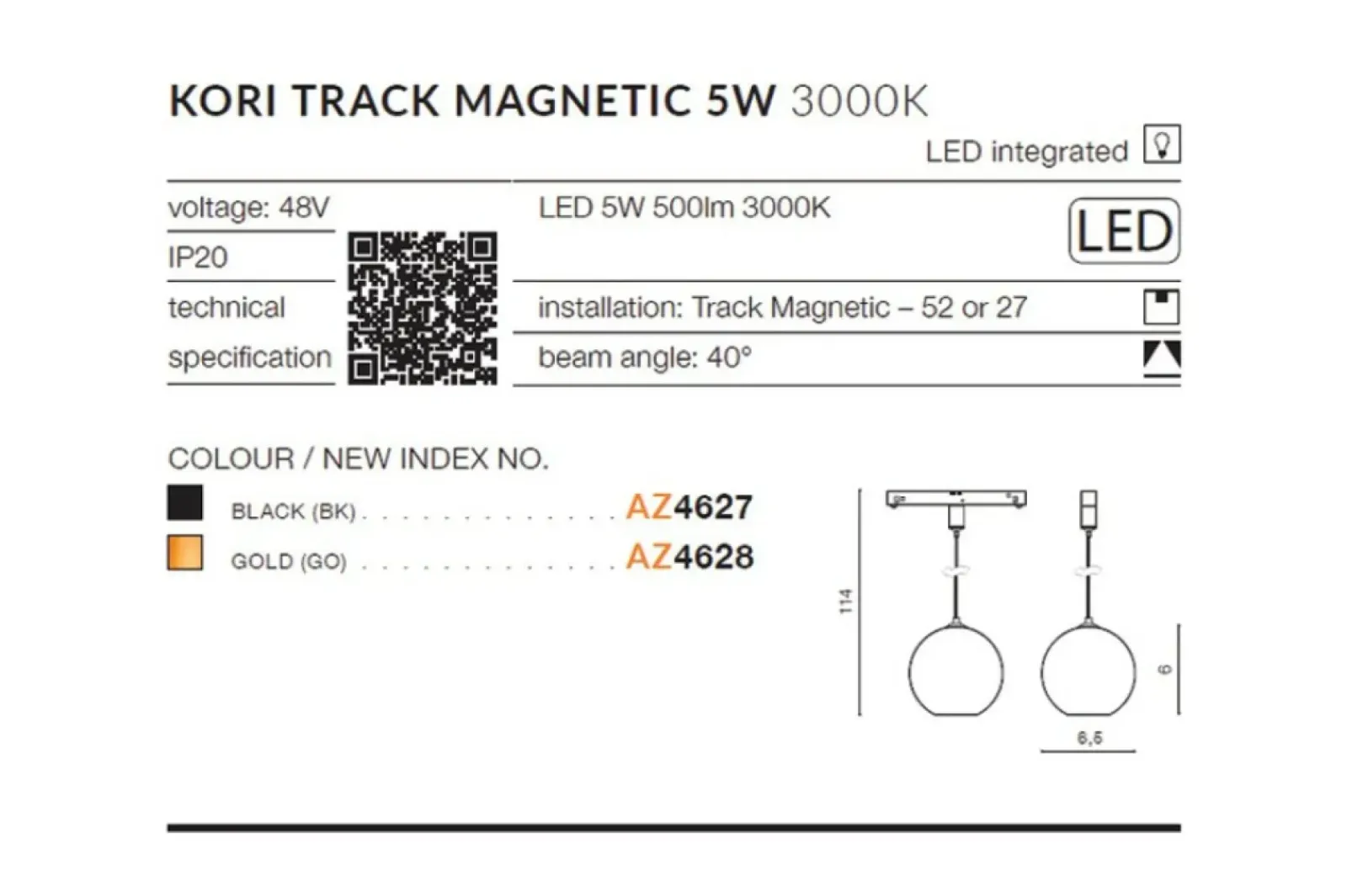 Sklep Kaja Czarna kula LED do szyny 1-fazowej magnetycznej AZ4627 z serii KO* Szynoprzewody Podtynkowe|Szynoprzewody Natynkowe