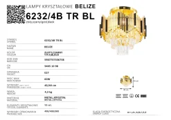 Sklep Kaja Efektowna, kryształowa lampa sufitowa 6232/4B TR BL BELIZE | Kaja* Plafony Nowoczesne