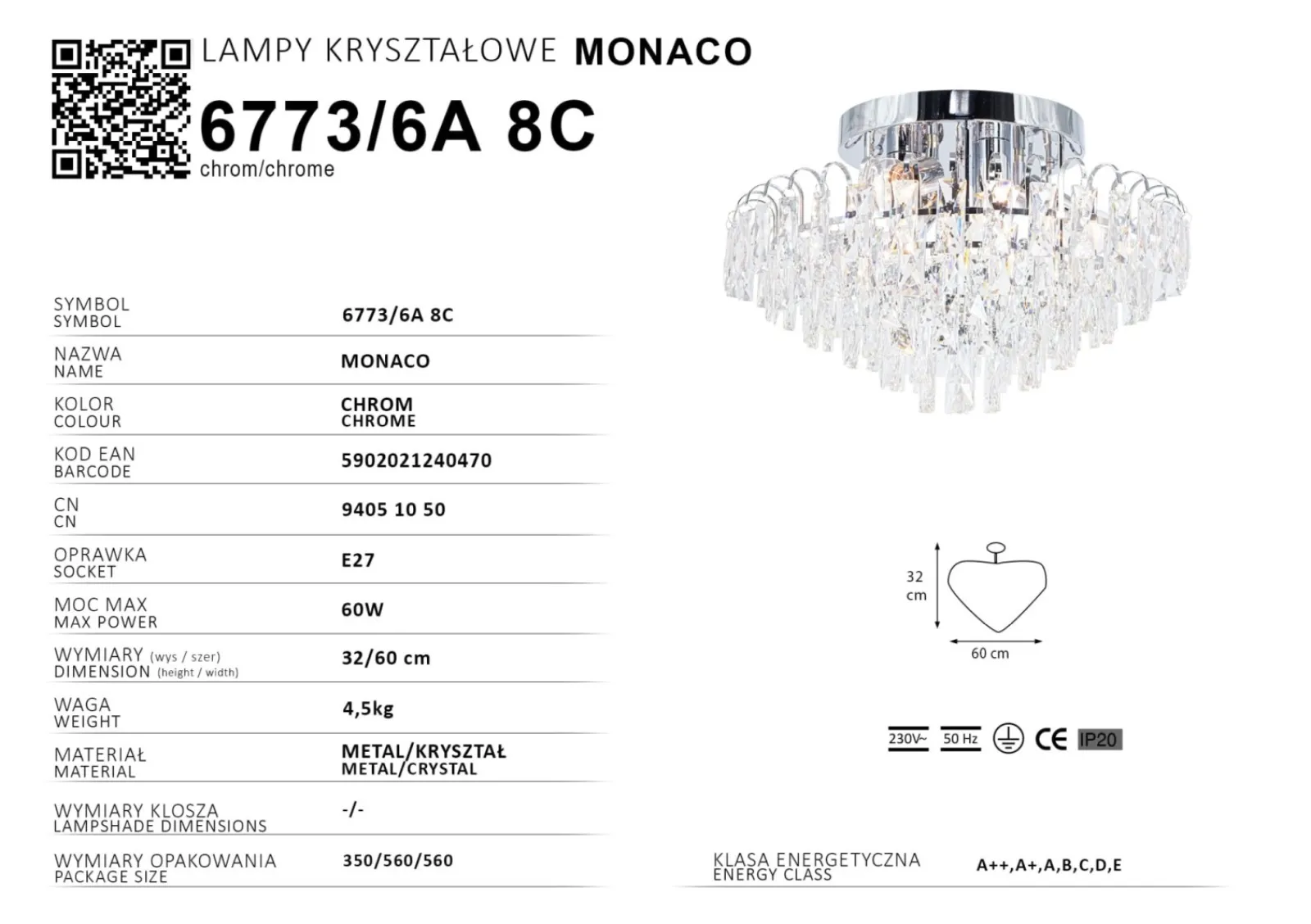 Sklep Kaja Kryształowa plafoniera do salonu 6773/6A 8C MONACO | Kaja Oświetlenie* Plafony Klasyczne|Plafony Nowoczesne