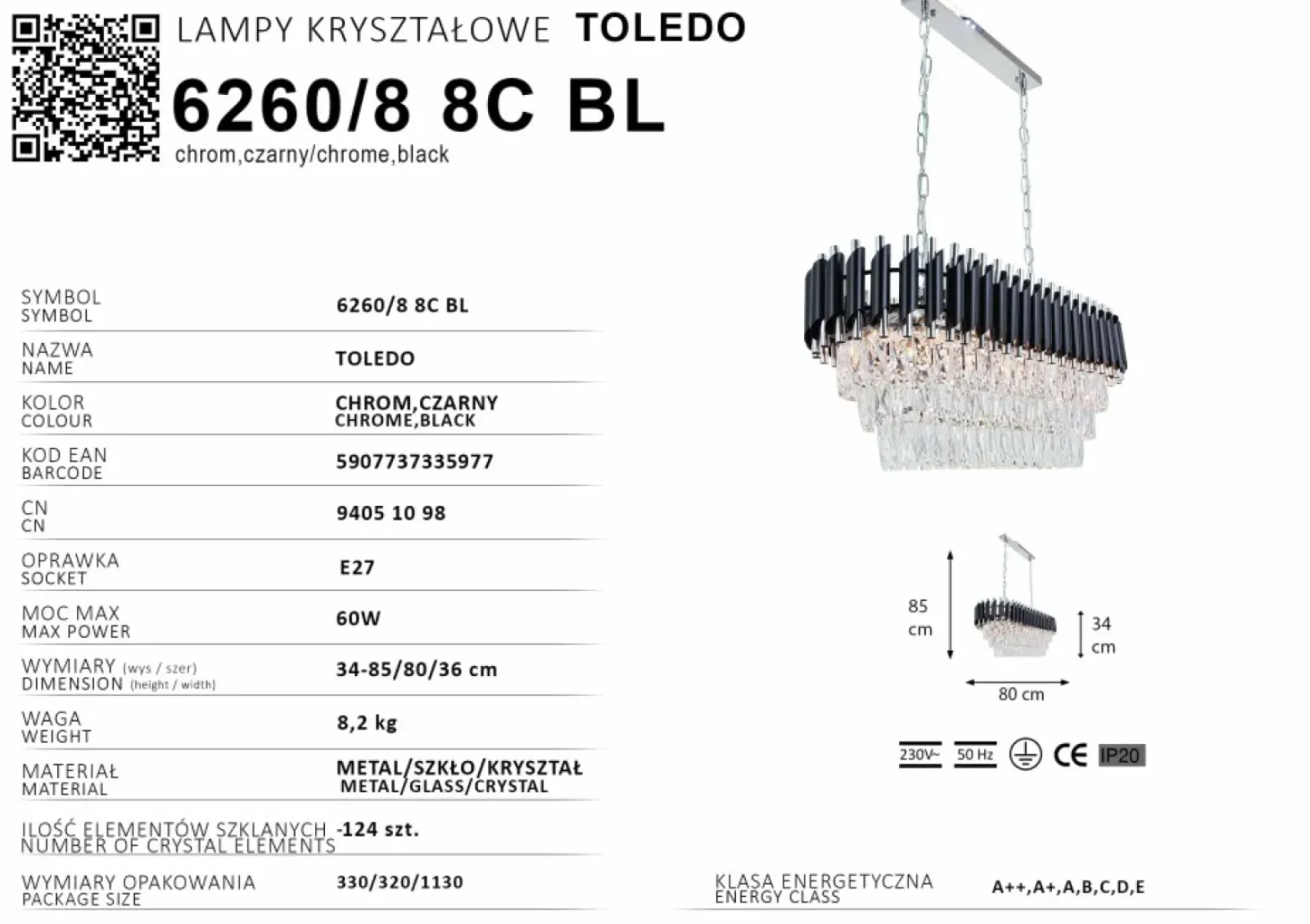 Sklep Kaja Kryształowa, szeroka lampa nad stół 6260/8 8C BL TOLEDO | Kaja Sale