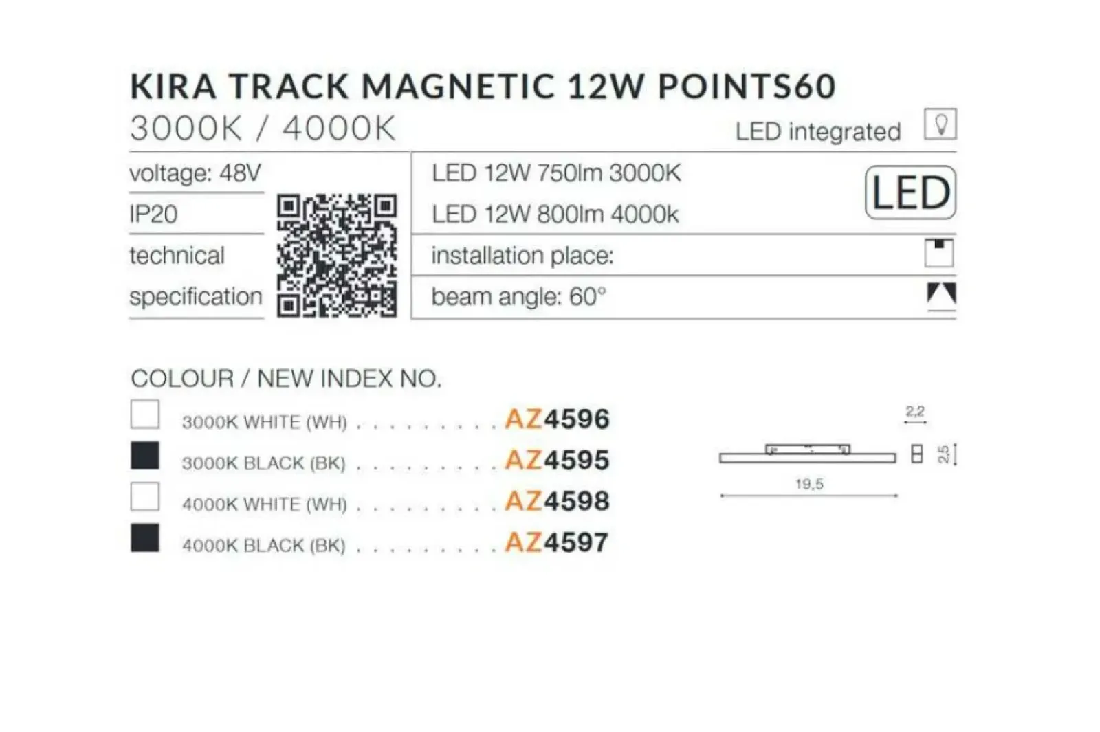 Sklep Kaja Lampa do szynoprzewodu 19,5cm 12W 3000K AZ4595 KIRA ALFA MAGNETIC 48V* Lampy Led|Szynoprzewody Podtynkowe