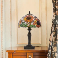 Sklep Kaja Lampa stołowa wyjątkowym, witrażowym kloszem K-G12814 z serii SUNFLOWER* Tradycyjne Lampki Stołowe|Lampki Stołowe Retro