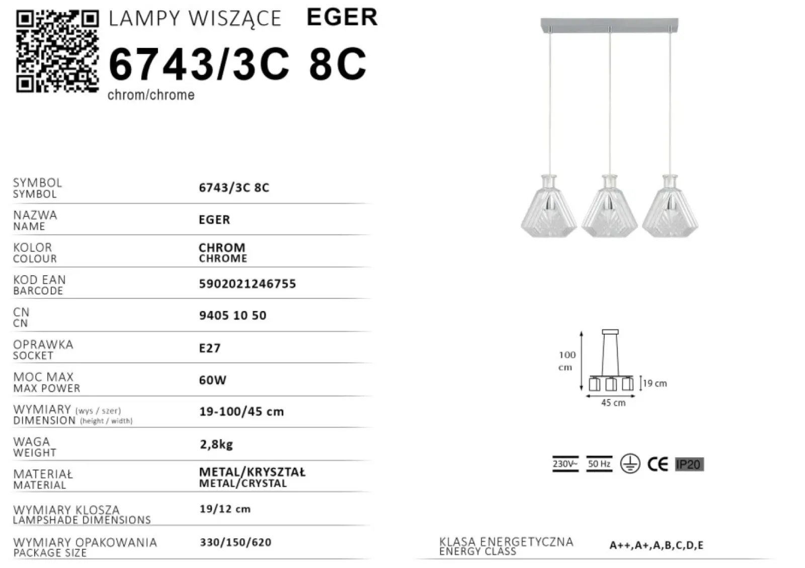 Sklep Kaja Lampa wisząca z trzema regulowanymi zwisami 6743/3C 8C EGER | Kaja Online
