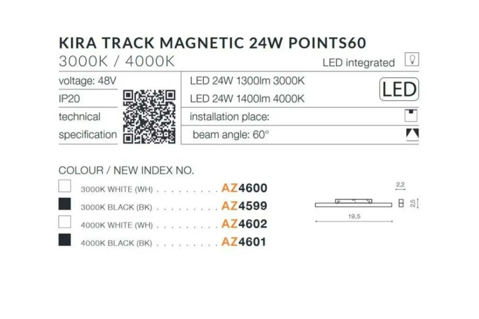 Sklep Kaja Ledowa lampa 19,5cm 24W 3000K AZ4599 KIRA ALFA MAGNETIC 48V | Kaja* Lampy Led|Szynoprzewody Podtynkowe