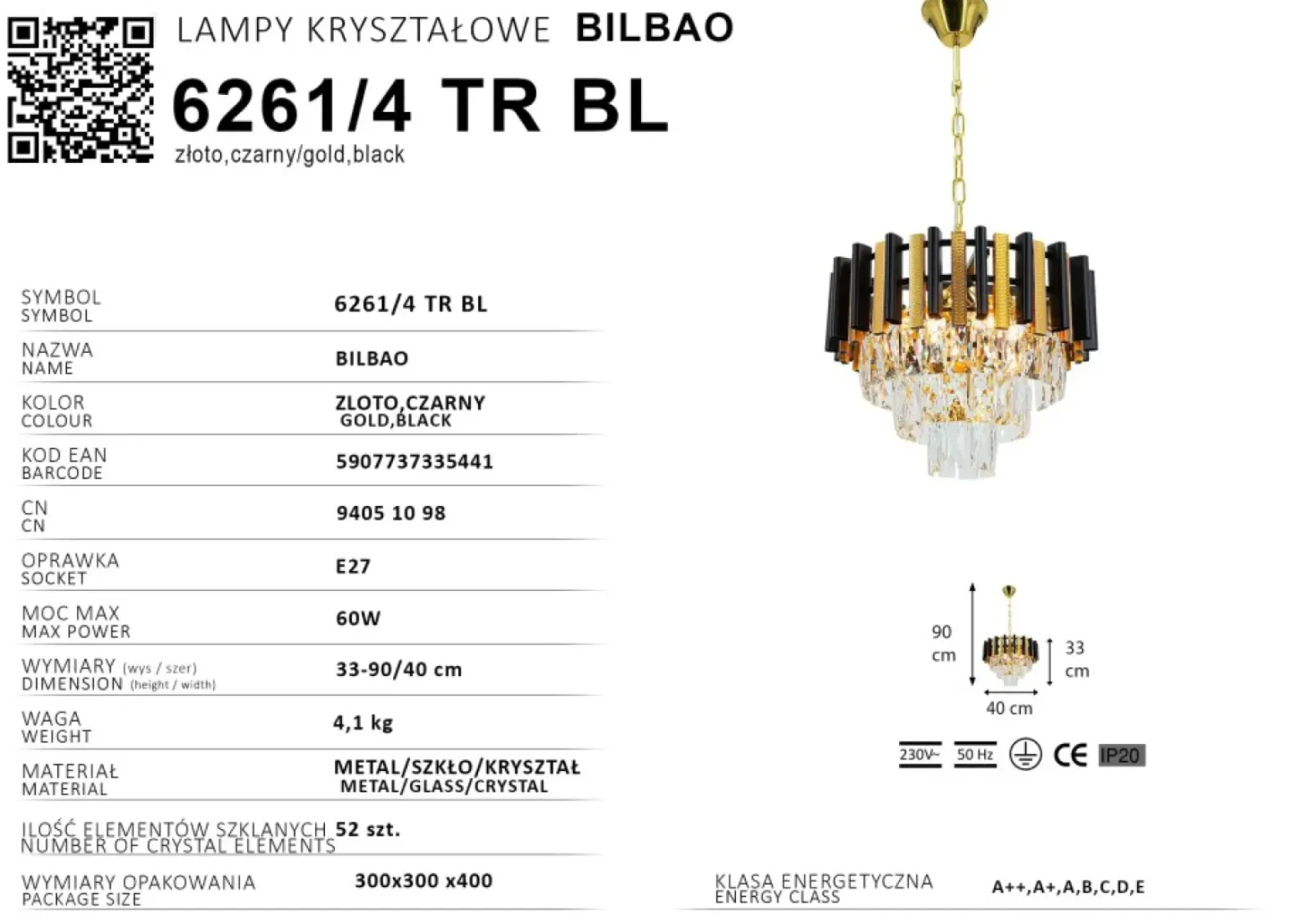 Sklep Kaja Złoty żyrandol z kryształkami styl glamour 6261/4 TR BL BILBAO | Kaja Hot